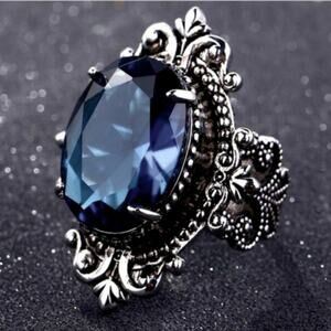 Sterling Silver Filigree Size 8 Simulated Sapphire Ring